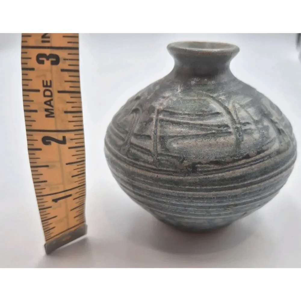 Vintage Studio Art Pottery Blue Mini Vase Signed D Dunn 3